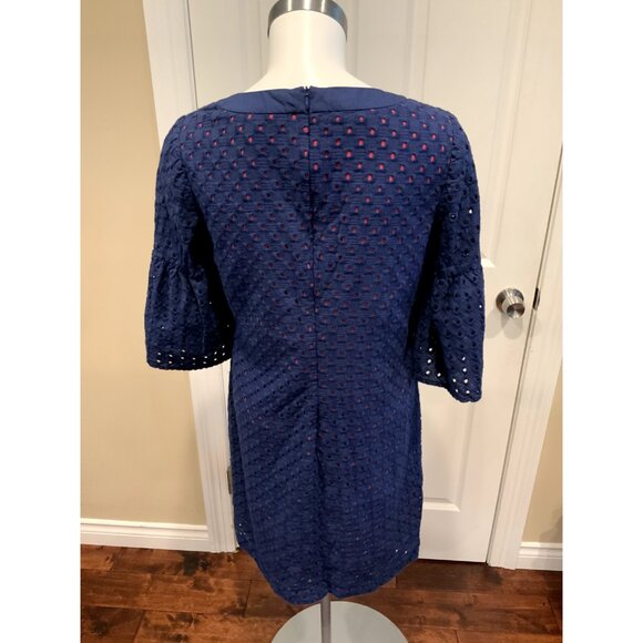 Trina Turk Navy Blue Eyelet Shift Dress W/ Dark Pink Lining, Size 8 (US) - Picture 5 of 6